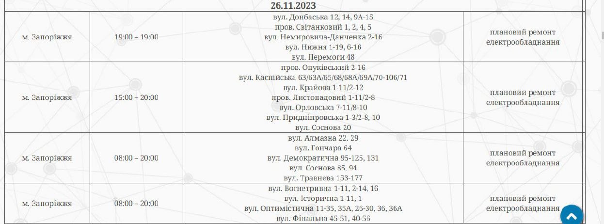 У Запоріжжі вимикатимуть світло 26 листопада