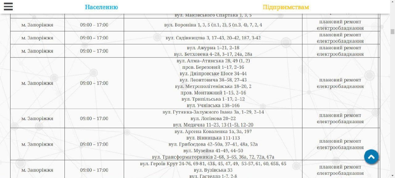 Відключення світла у Запоріжжі