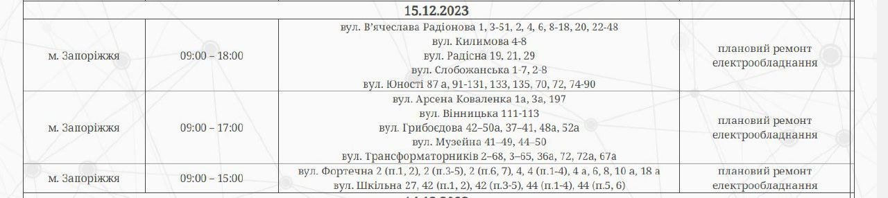 Відключення світла у Запоріжжі 15 грудня