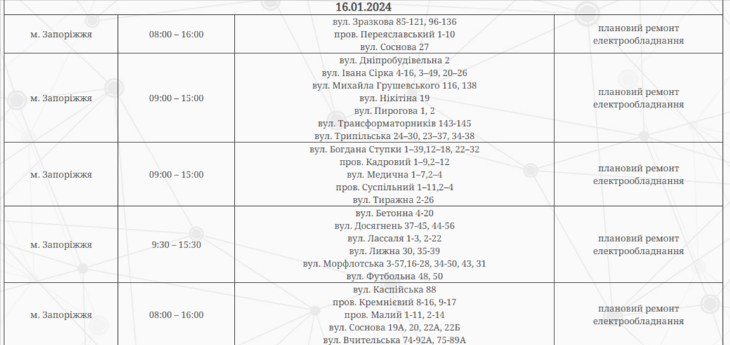 У Запоріжжі масові відключення світла 17 січня