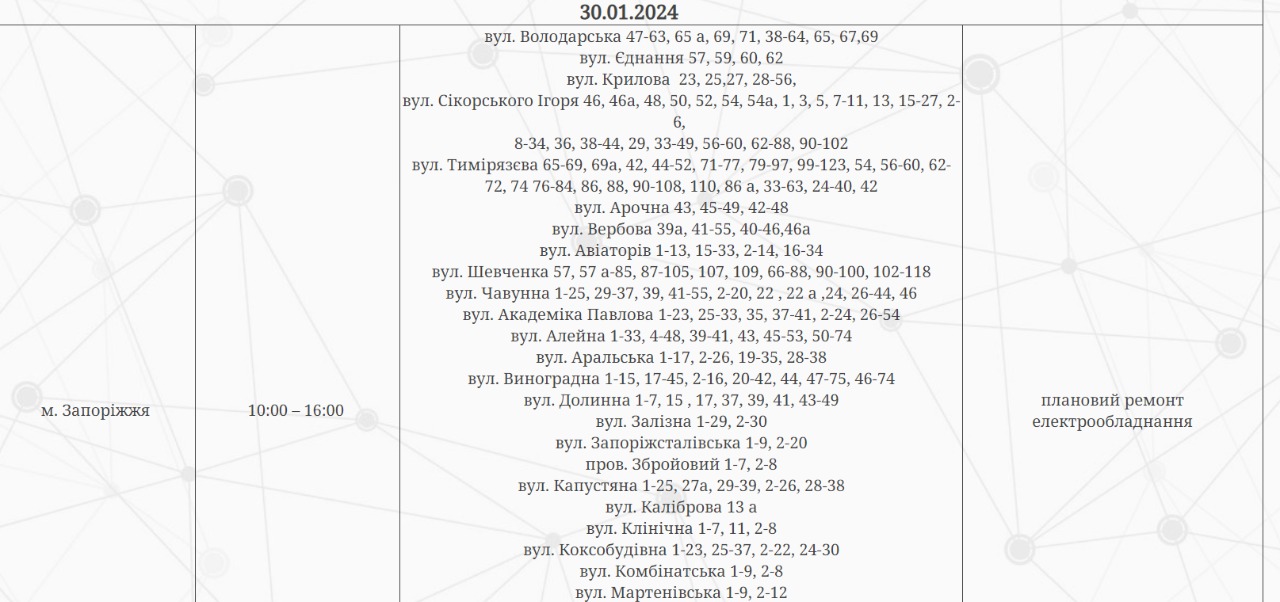 У Запоріжжі не буде світла 30 січня