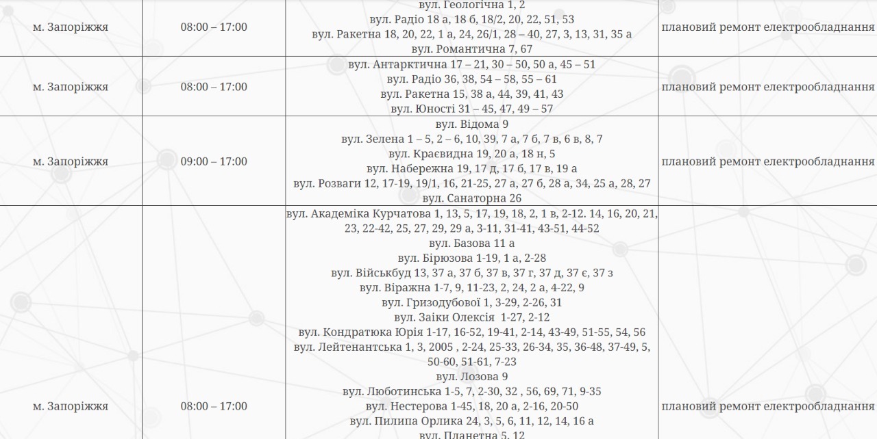 Відключення світла у Запоріжжі 26 березня