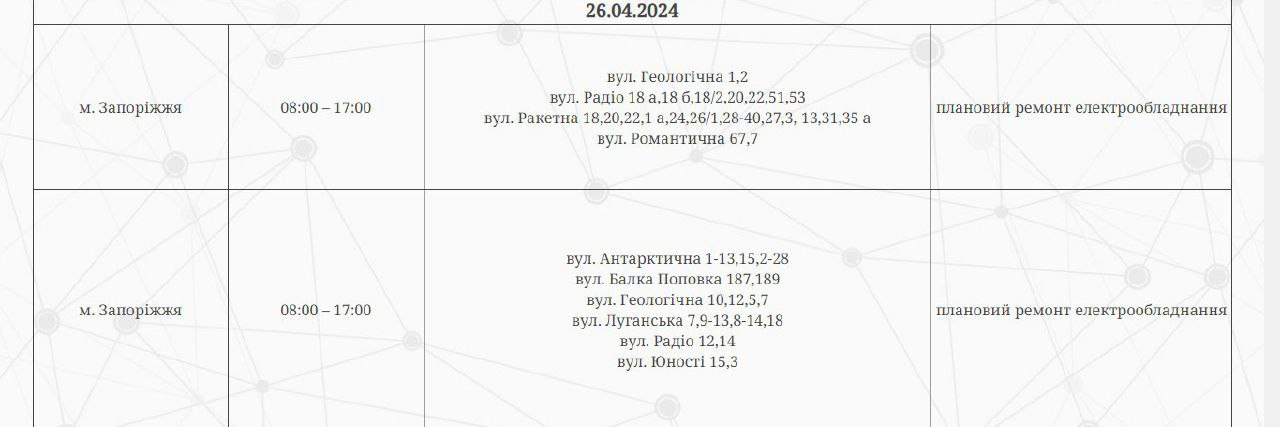 Відключення світла у Запоріжжі 26 квітня