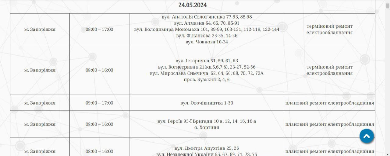 Відключення світла у Запоріжжі 24 травня