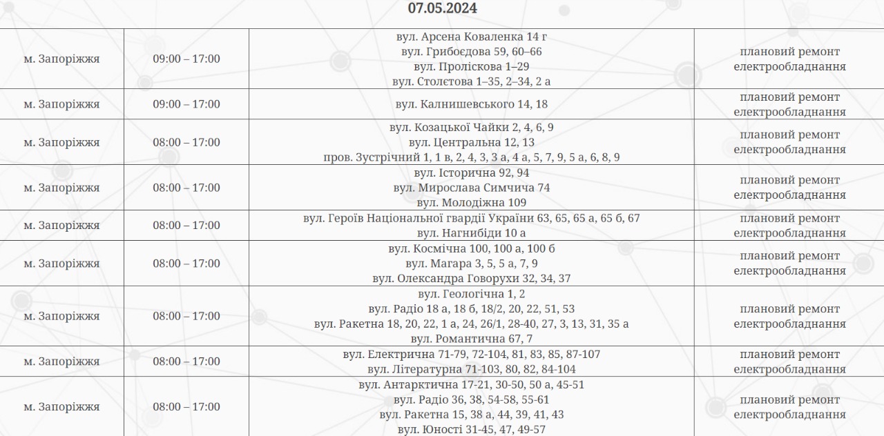 Відключення світла у Запоріжжі 7 травня