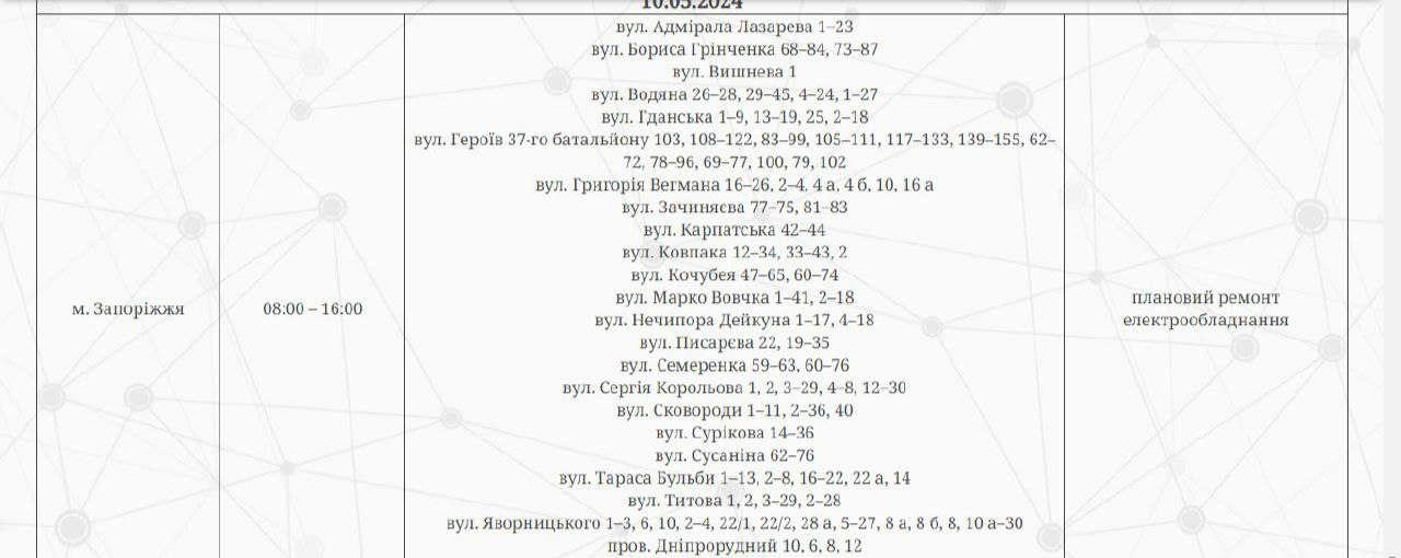 Відключення світла у Запоріжжі 10 травня