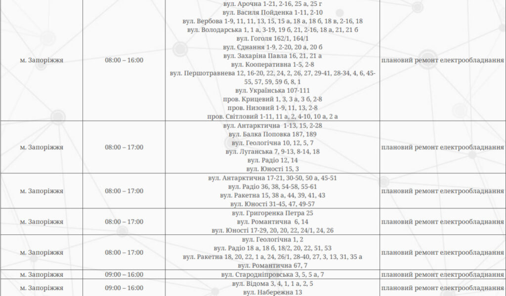 Відключення світла Запоріжжя 17 травня