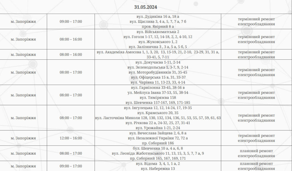 У Запоріжжі 31 травня будуть відключення світла: за якими адресами