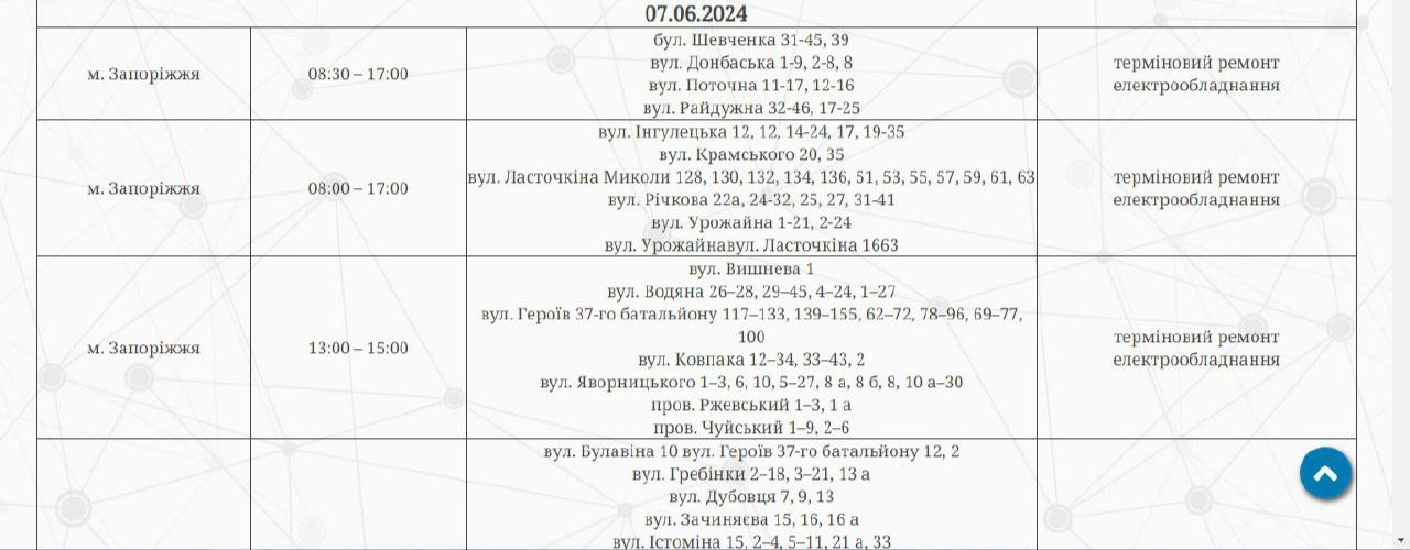 Відключення світла у Запоріжжі 7 червня