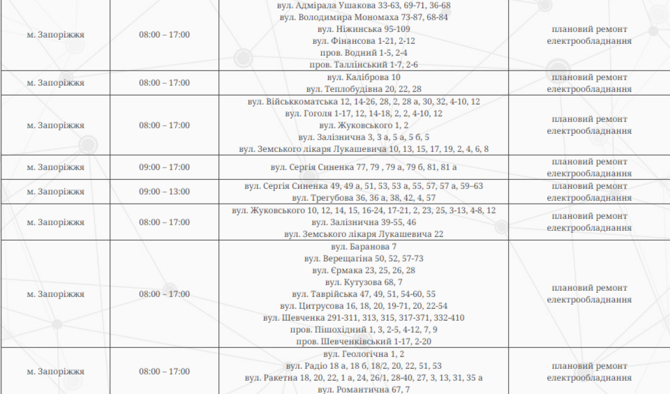 Відключення світла в Запоріжжі 3 червня: які адреси