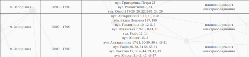 Відключення світла в Запоріжжі 3 червня: які адреси