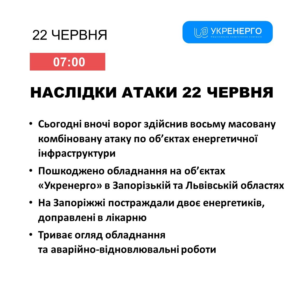 Повідомлення від Укренерго, 22 червня 2024