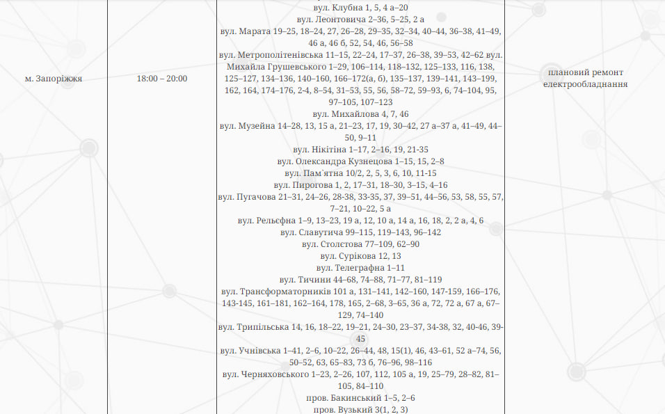 Відключення світла в Запоріжжі 5 червня