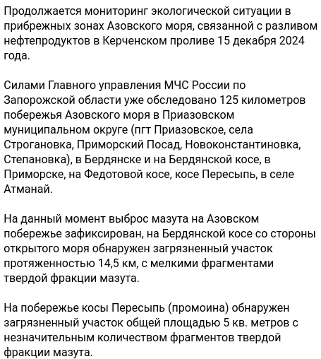 У тимчасово окупованому Бердянському районі виявлено забруднену мазутом ділянку узбережжя площею 5 кв. м. 